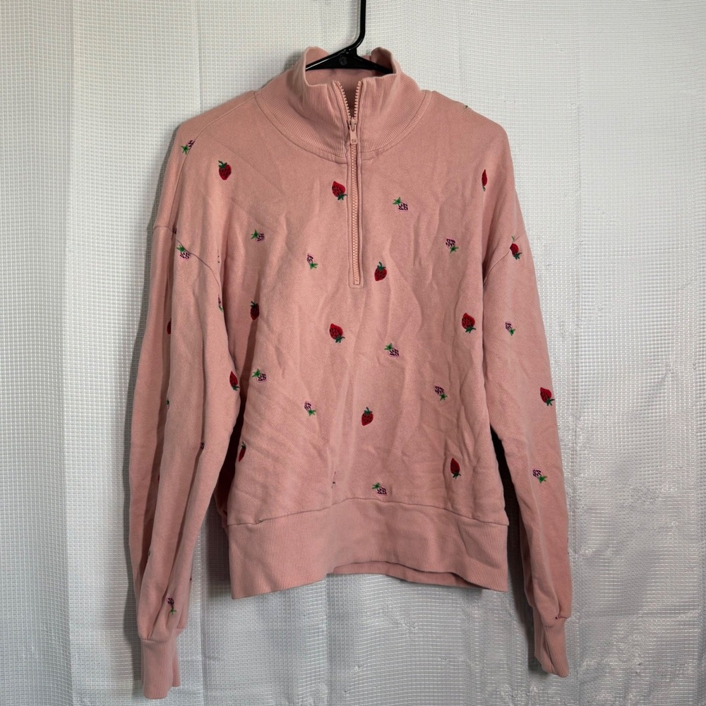 Lou & Grey Strawberry Sweatshirt Pink Cotton Quarter Zip Pullover Cottagecore S
